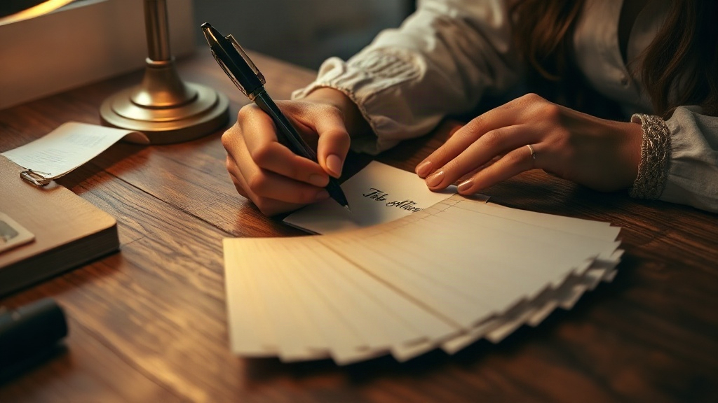 Writing Your Own Affirmations Hands writing affirmation phrases on cardstock strips at a warm desk, writing your own vision board words