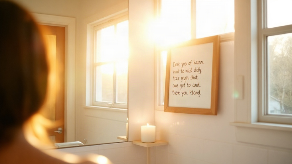 Where to Hang Vision Board Affirmations A vision board hanging beside a bathroom mirror in golden sunrise light, affirmations in the daily sightline