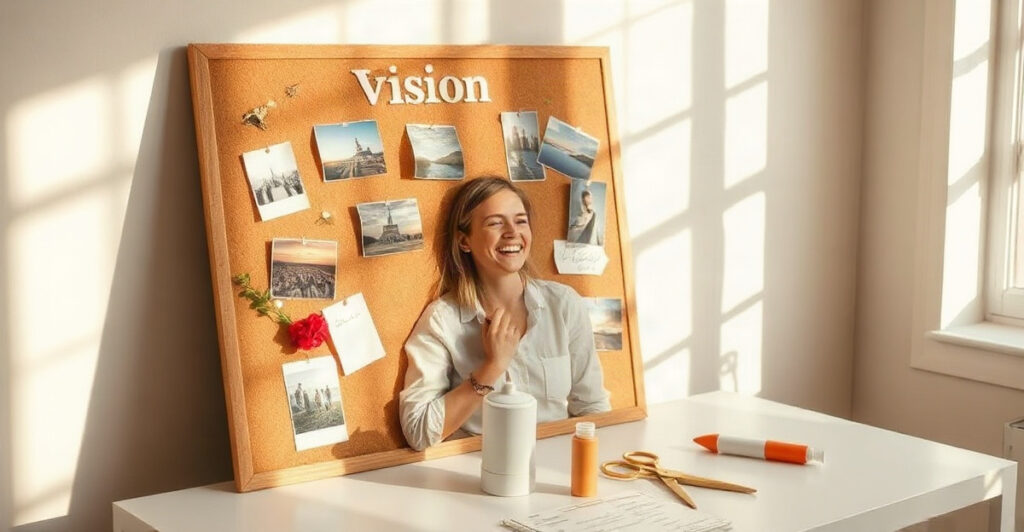 A handmade vision board on a corkboard with travel photos and flowers, the best vision board ideas and examples