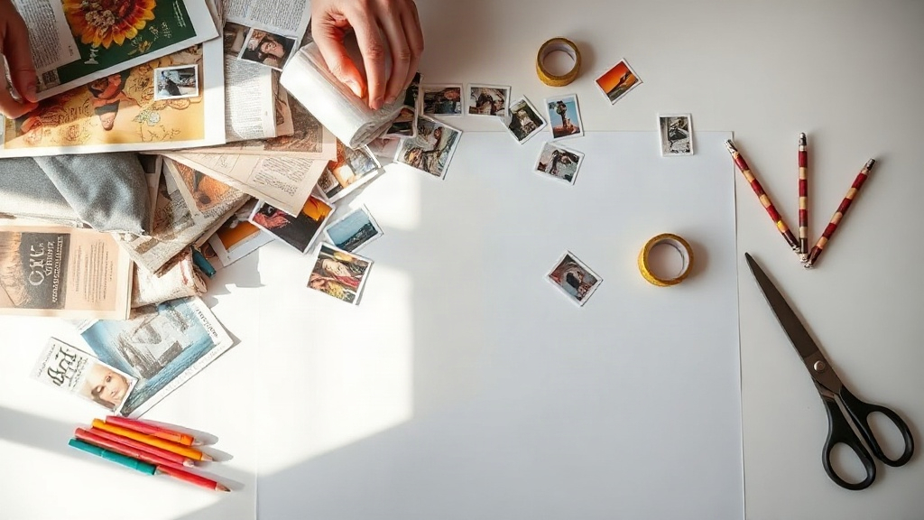 How to Make a Vision Board Overhead view of magazines, scissors and washi tape during a vision board craft session
