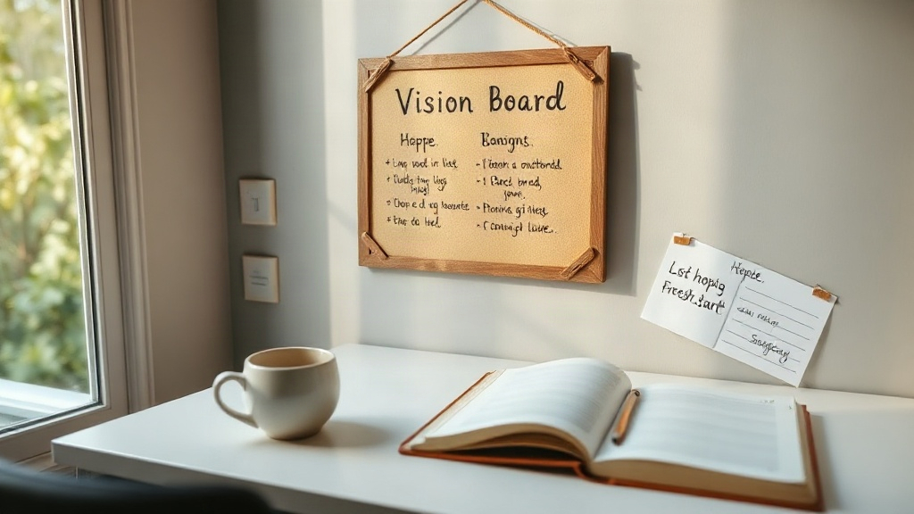 Where to Hang a Vision Board A vision board hanging above a desk in morning light beside coffee and a journal, placed in the daily sightline