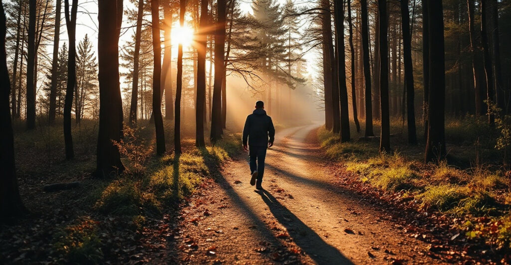 Person walking a forest path at golden hour between warm sunlight and soft shade, reflecting what shadow work is about