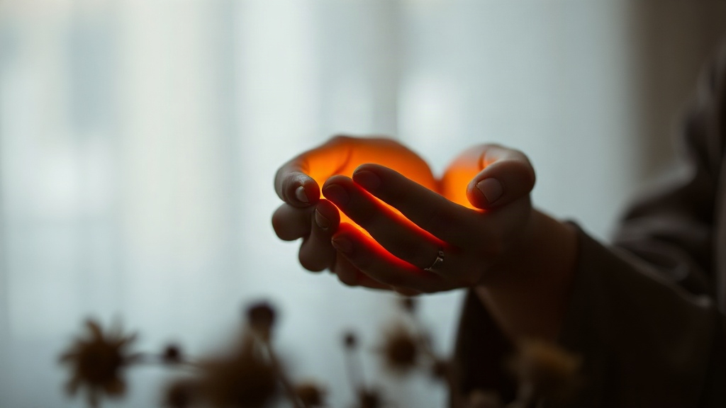 Cupped hands holding a small golden light in a dim room, symbolising the golden shadow in Jungian shadow work