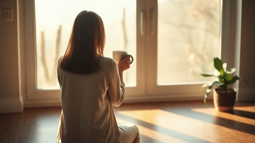 Person seen from behind sitting by a dawn window with a warm mug, calmly noticing the signs of an active shadow during shadow work