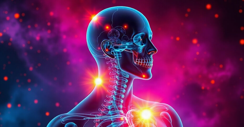 Semi-transparent 3D medical render of a human head and chest with glowing nervous system pathways, illustrating why loneliness hurts physically in the brain and body