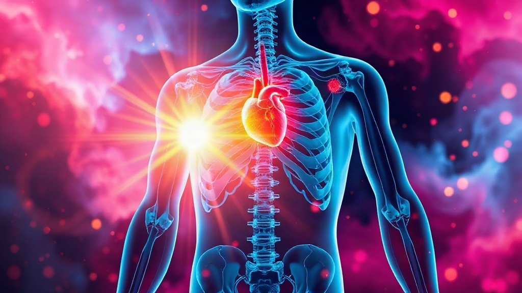 Glowing 3D medical render of a full transparent human figure with visible immune and nervous system pathways, showing how chronic loneliness affects the body over time