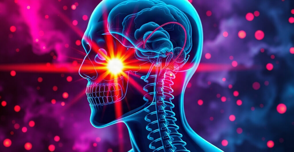 A translucent 3D medical render of a human head and chest with glowing internal anatomy and a bright white gold flare bursting from both the heart and brain, illustrating why rejection hurts so much