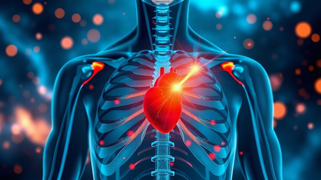 A close medical render of a glowing rib cage and heart with a white gold flare, showing how social pain can feel physical during rejection