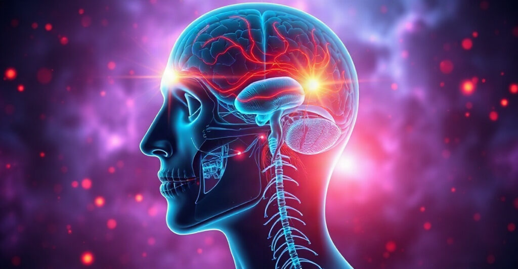 A glowing translucent brain render with a white-gold flare, illustrating why we compare ourselves to others in the brain's reward and pain circuits