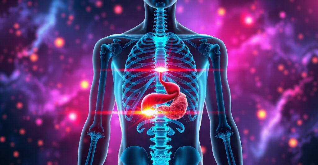 A translucent 3D medical render of a human torso with glowing internal anatomy and a bright white gold flare bursting from the stomach and gut, illustrating the brain science of why you overeat when you're stressed