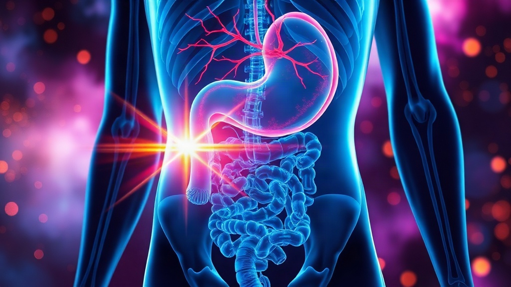 A close three-quarter medical render of a glowing stomach and gut-brain nerve pathway, showing the cortisol shift behind why you overeat when you're stressed