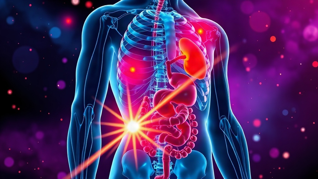 A side-angle medical render of glowing adrenal glands and gut anatomy with a white gold flare at the torso, easing the stress that leads to overeating