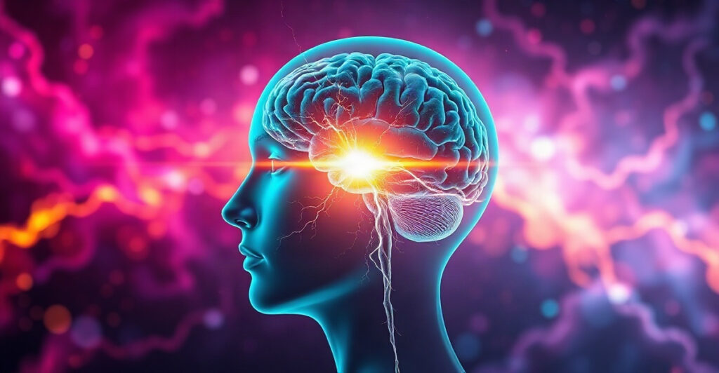 Glowing brain facing a cosmic storm, showing the will to persevere that helps you push through challenges and manifest your goals
