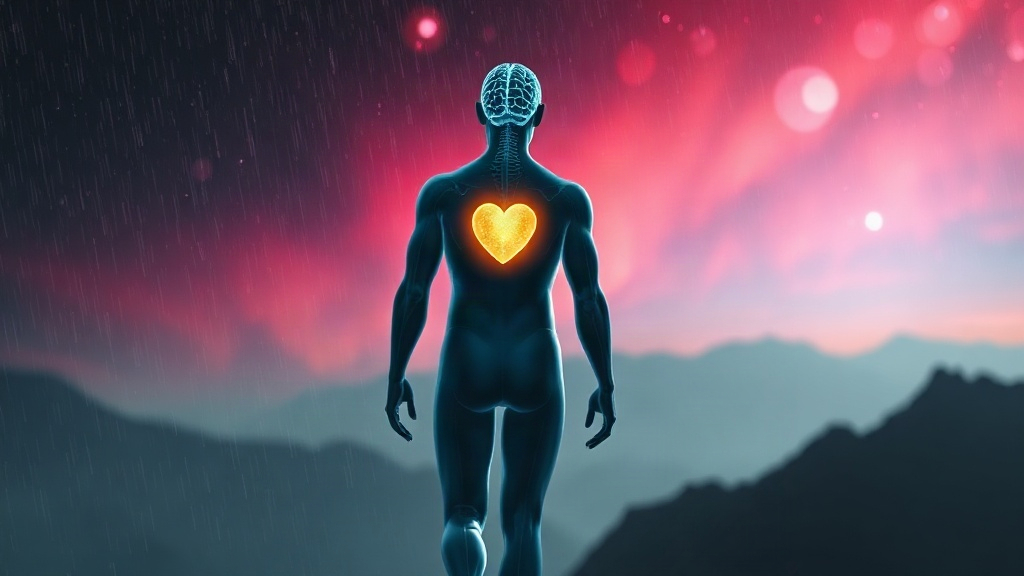 Figure walking into wind on a ridge with a glowing brain and heart, showing how to call up the will to persevere and manifest your dreams