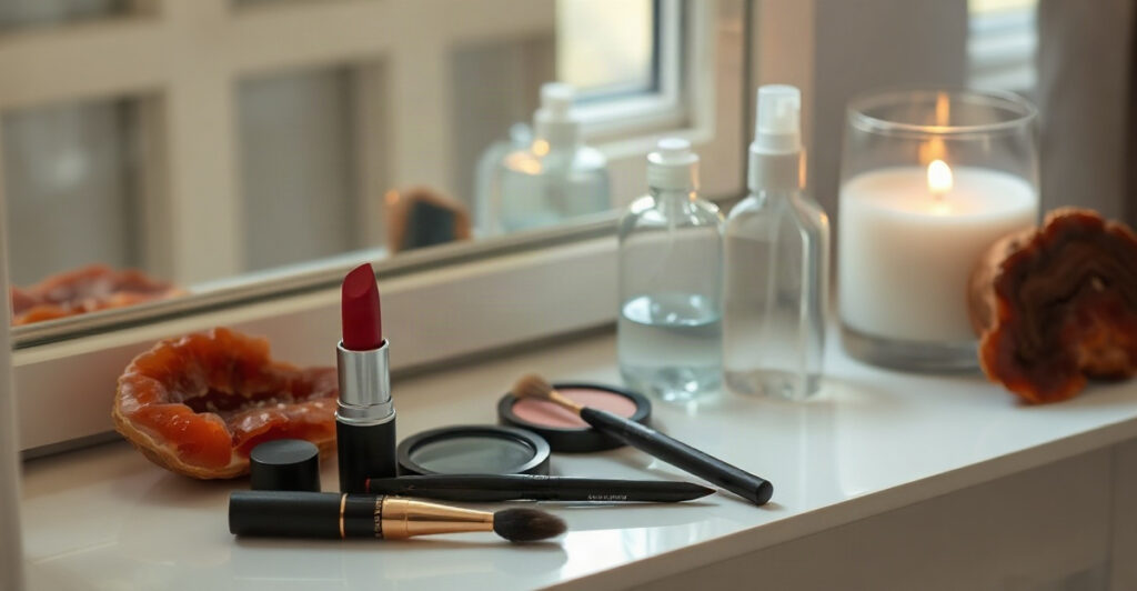 Everyday makeup items and a candle laid out for a witchy makeup magic routine
