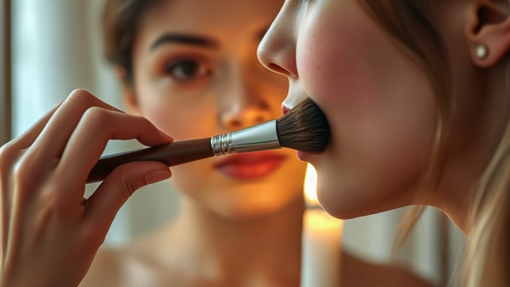 Applying blush slowly in the mirror as a warmth intention in a makeup magic routine