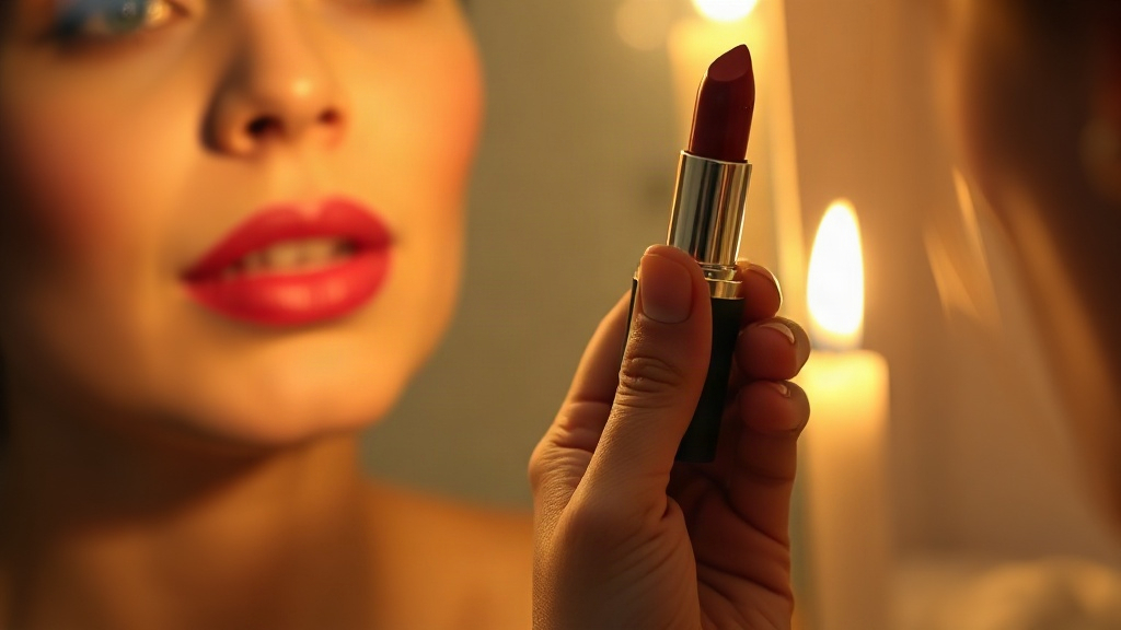 A red lipstick held up in the mirror as a confidence and voice intention in makeup magic