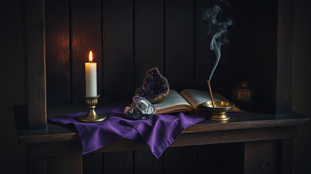Small Space Witchy Altar A small witchy altar on a shelf with a purple cloth, candle, amethyst and incense, perfect for a small room