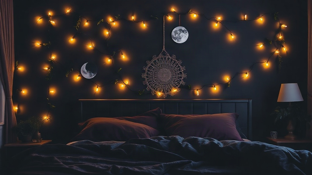Witchy Bedroom Colors String lights with ivy and moon-phase hangings above a bed with plum textiles, moody witchy bedroom colors