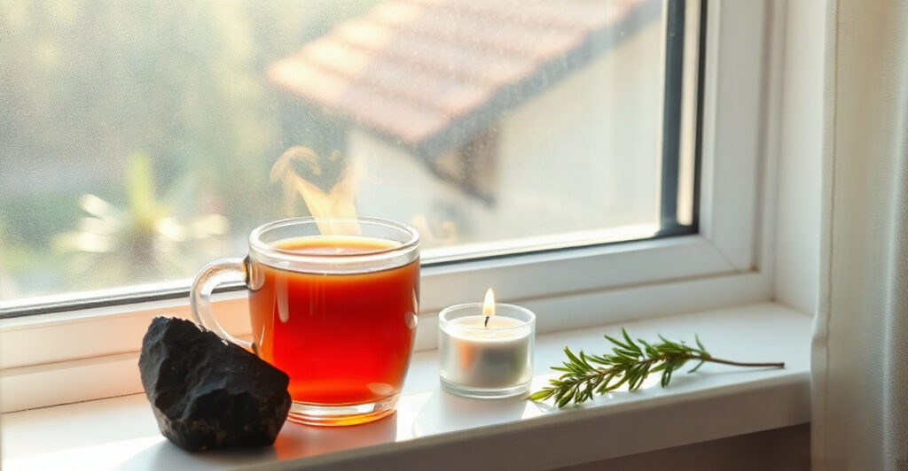 A sunlit windowsill with tea, a candle and a grounding stone for witchy ways to recharge your energy
