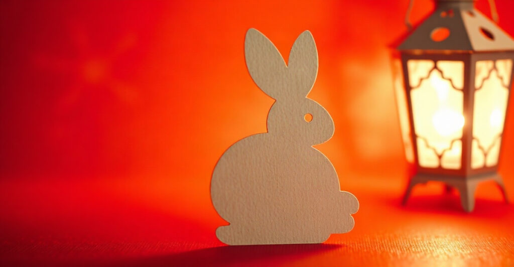 A rabbit silhouette on warm red and gold, representing the 1987 zodiac sign, the Fire Rabbit
