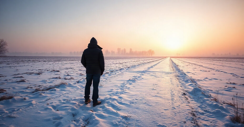 Person standing at dawn on a winter path between frost and first light, symbolizing the January 20 zodiac cusp between Capricorn and Aquarius