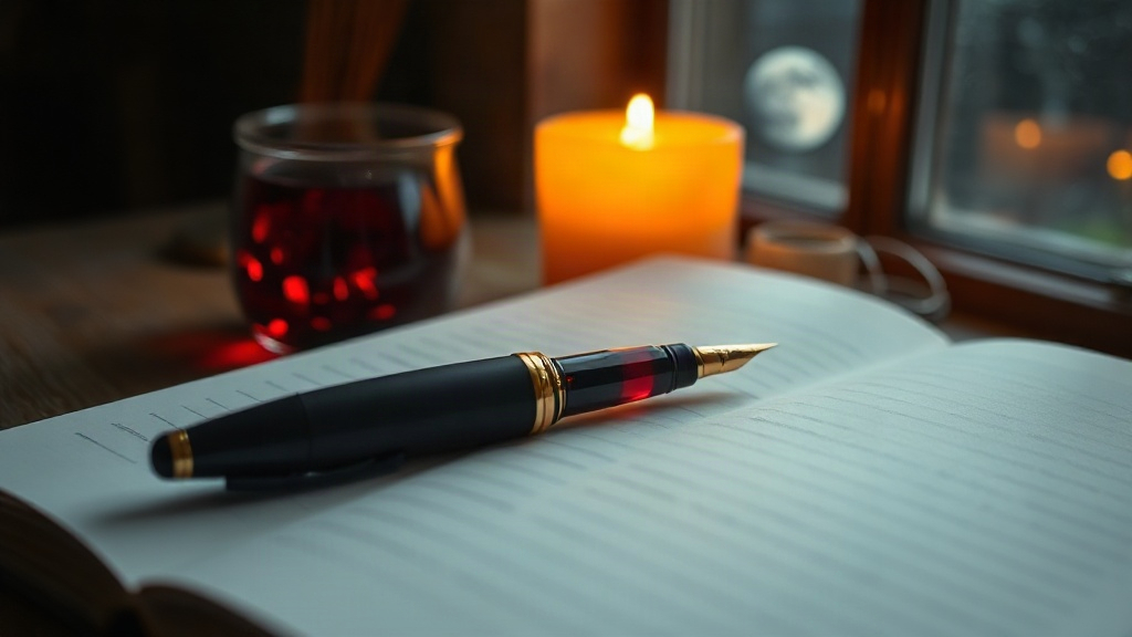 January 20 Birthstone: Garnet Open journal, fountain pen, and a deep red garnet birthstone beside candlelight, the January birthstone for the January 20 birthday