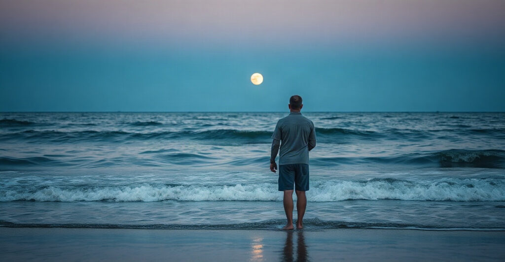 Person standing at a moonlit ocean tideline at dusk, capturing the water sign intuition of the March 9 zodiac sign Pisces
