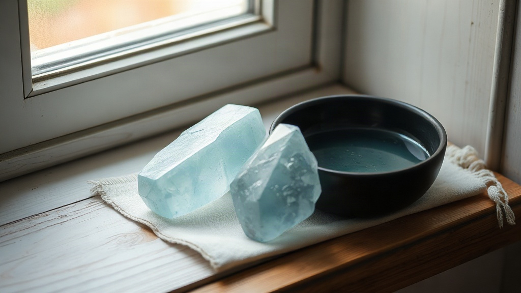 Aquamarine crystals and a bowl of moonlit water on a windowsill, symbolizing the water element and the second decan intuition of the March 9 Pisces