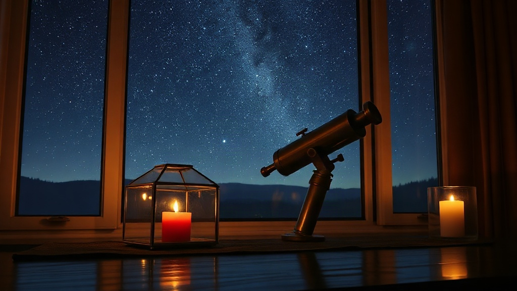 Vintage brass telescope by a candlelit window facing a starry night sky, celebrating the famous birthdays of the March 9 zodiac sign Pisces