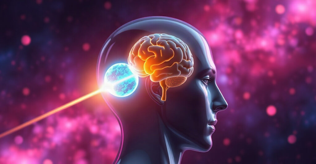 Glowing head with two orbs of light facing each other, showing the inner critic and the second voice