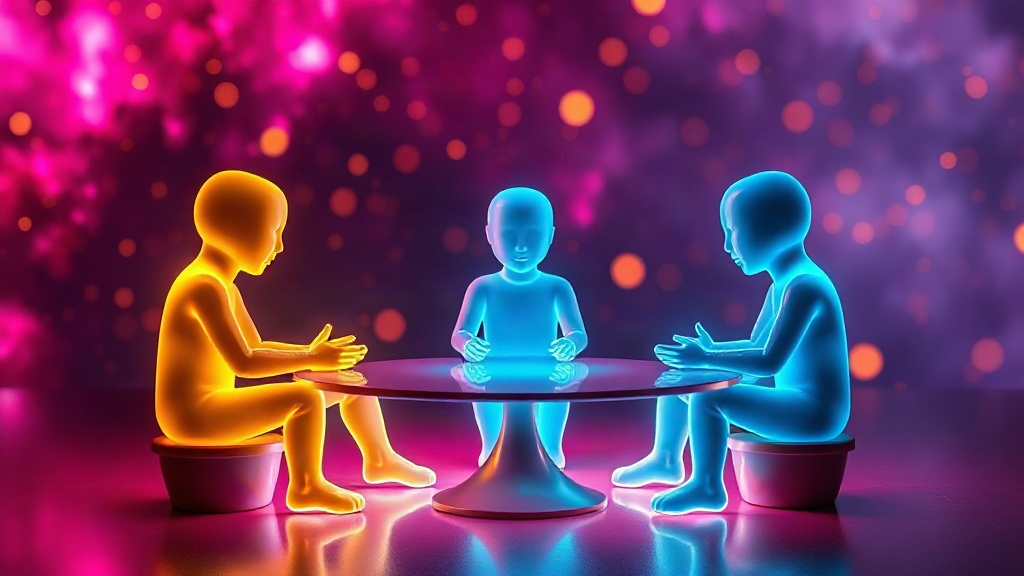 The Committee in Your Head Three glowing figures around a table of light, showing the committee of voices in your head