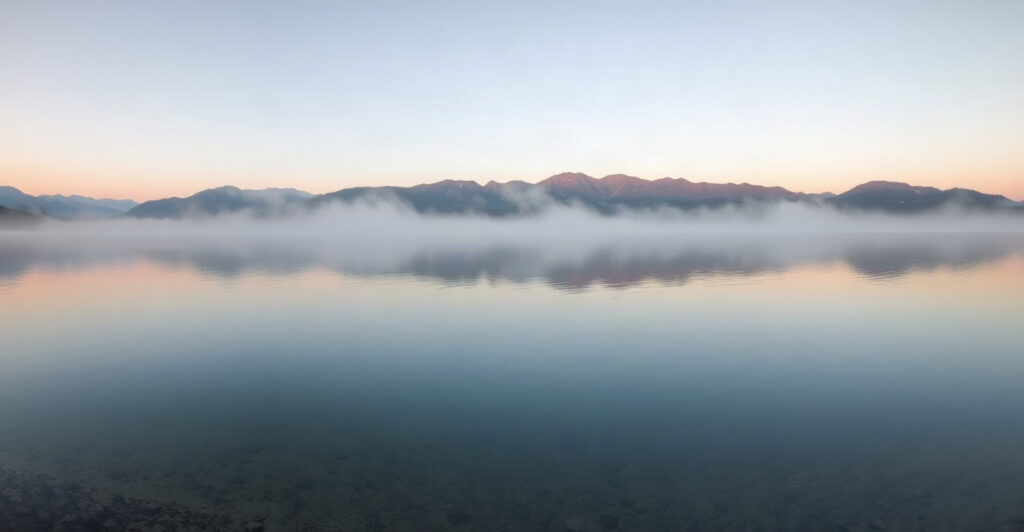 Misty mountain lake at dawn, a calm image for cold water and dopamine