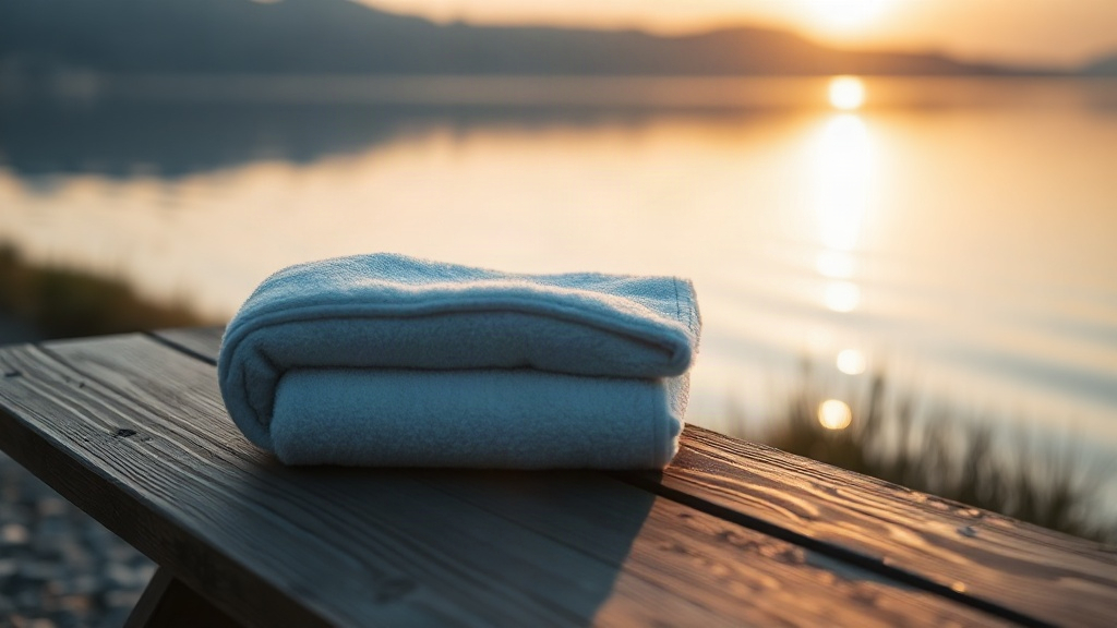 Towel and bench by a lakeside, preparing for safe cold water exposure