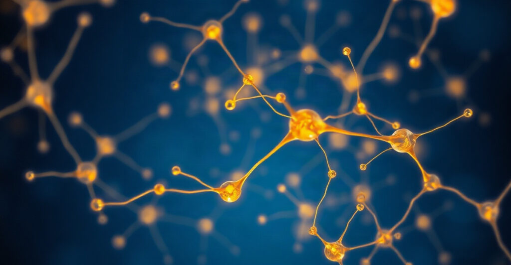 Golden branching threads resembling neurons, a symbol of the dopamine system