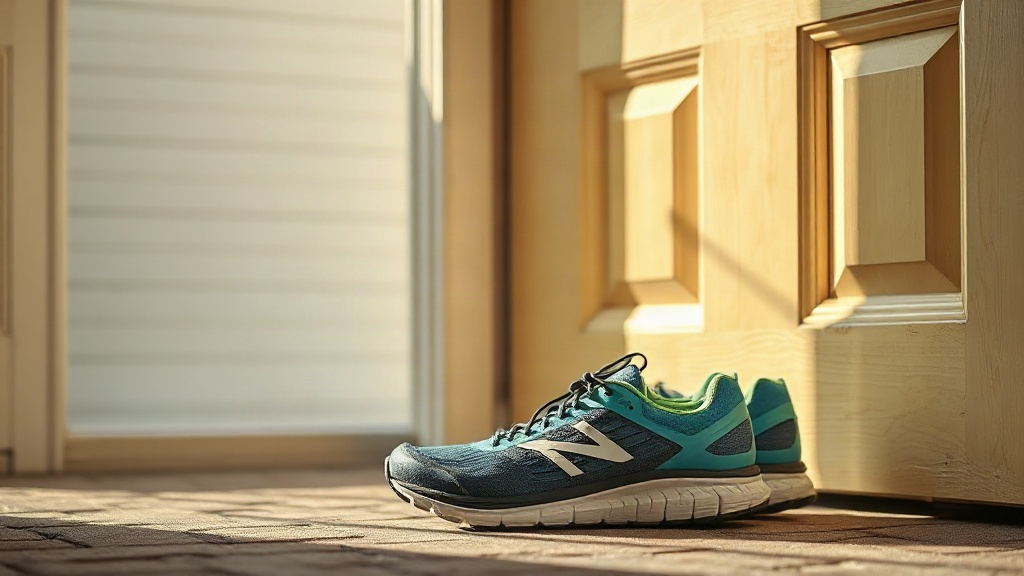 Movement for a Healthy Brain Running shoes by a door in morning sun, daily movement to support the dopamine system