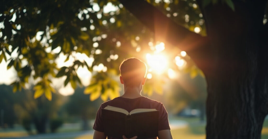 Person reading under a tree in warm light, showing how emotion and interest affect learning