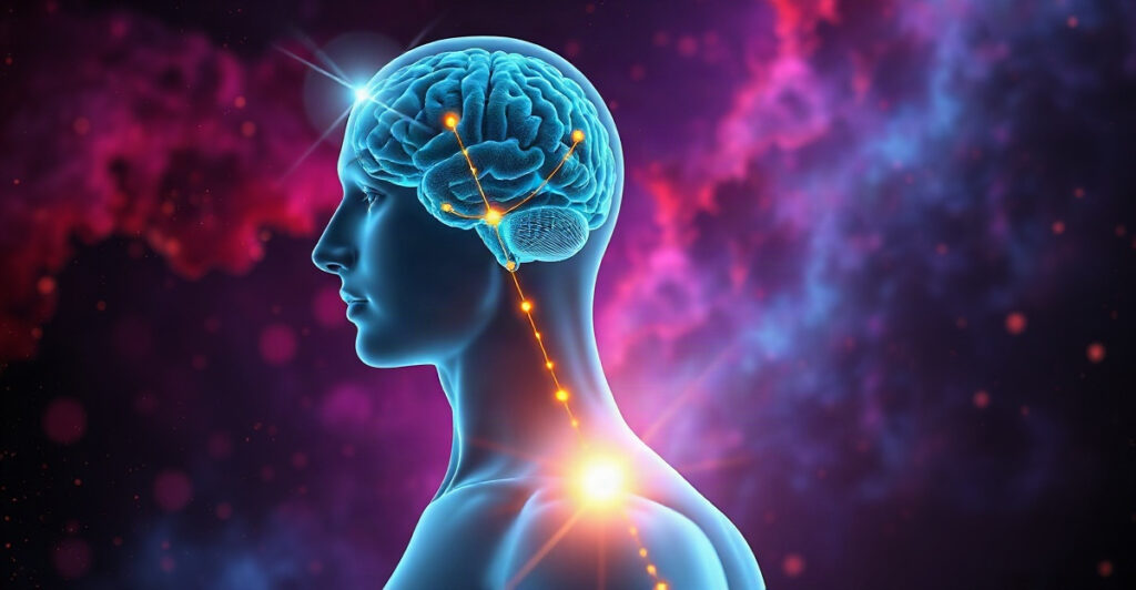 3D render of a glowing brain sending golden signals to the stomach, showing how exercise and appetite are connected in the brain