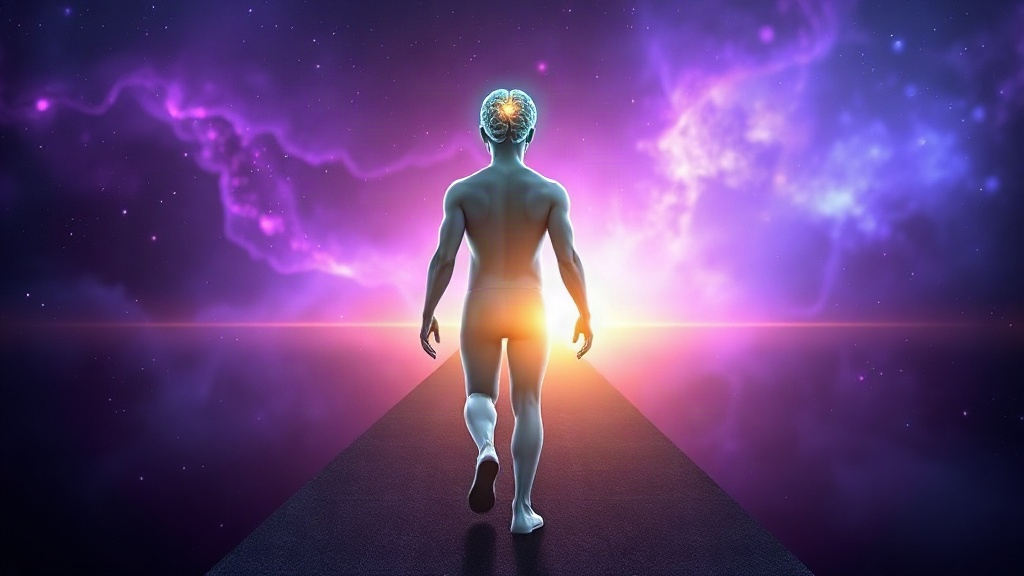 Translucent figure walking toward a bright horizon with a glowing brain, showing how daily walking affects appetite and fullness signals