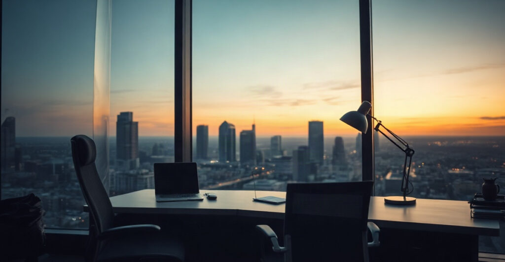 Quiet desk by a window at dusk, a calm scene for feeling stuck in your career and finding direction