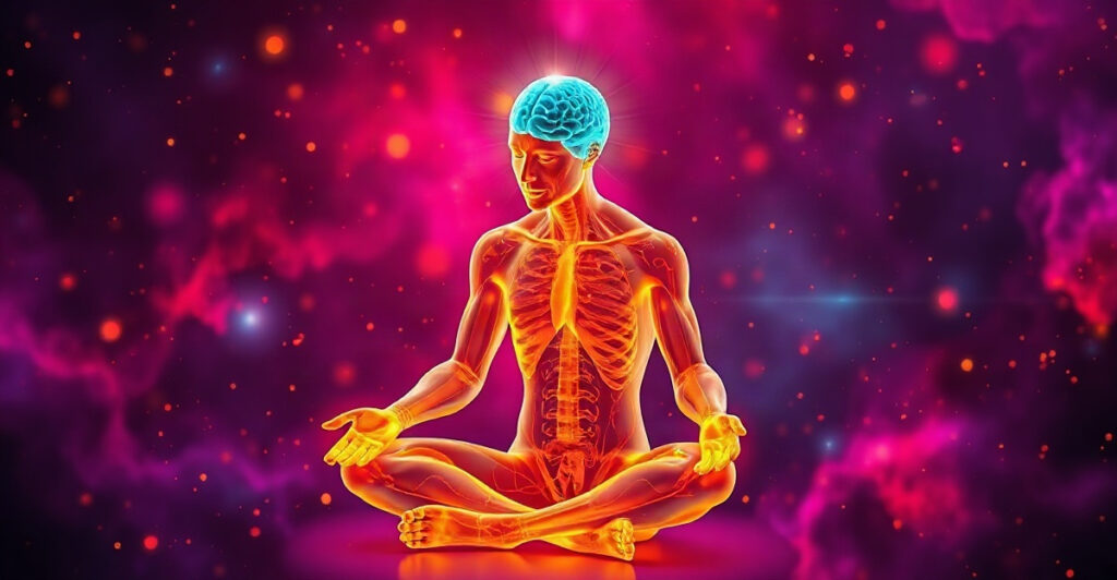 3D render of a seated figure with golden energy rising from restless hands and feet, showing fidgeting and NEAT in action
