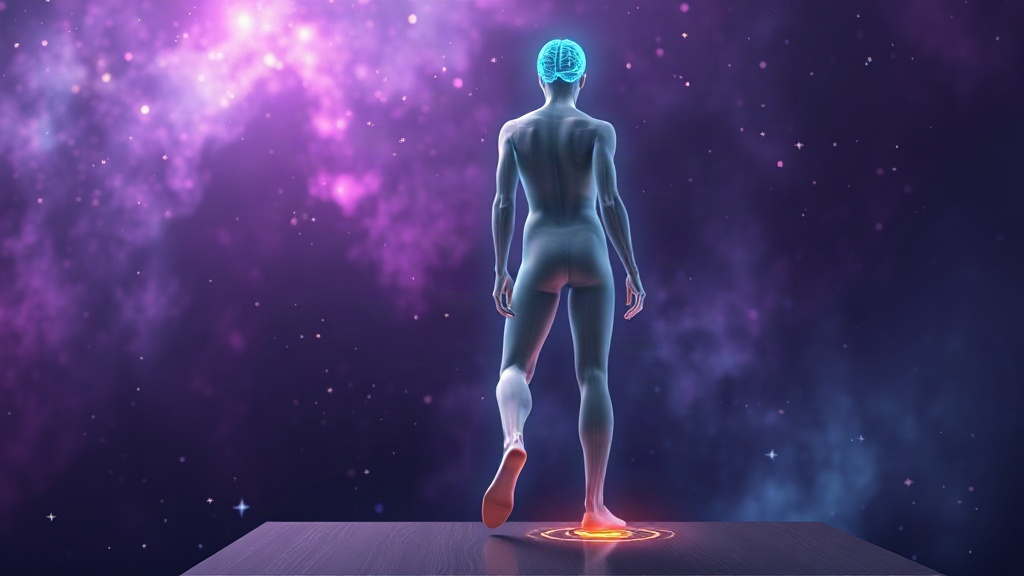 Translucent figure at a standing desk with a tapping foot and glowing brain, showing how NEAT and fidgeting work in daily life