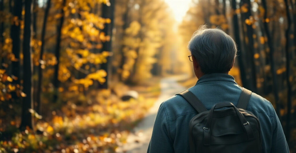 Person walking an autumn forest path, a calm image for finding your purpose after 40
