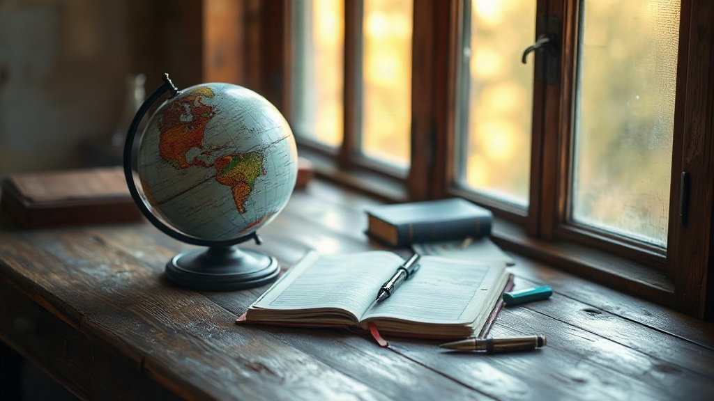 Journal and globe on a wooden desk, tools for finding your life purpose at midlife