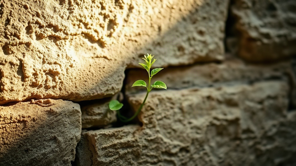 Green plant growing through an old stone wall, a symbol of finding purpose later in life