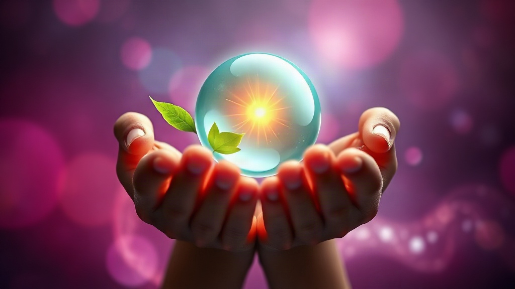 Hands holding a glowing orb beside drifting leaves, representing noticing the small wonders in your day