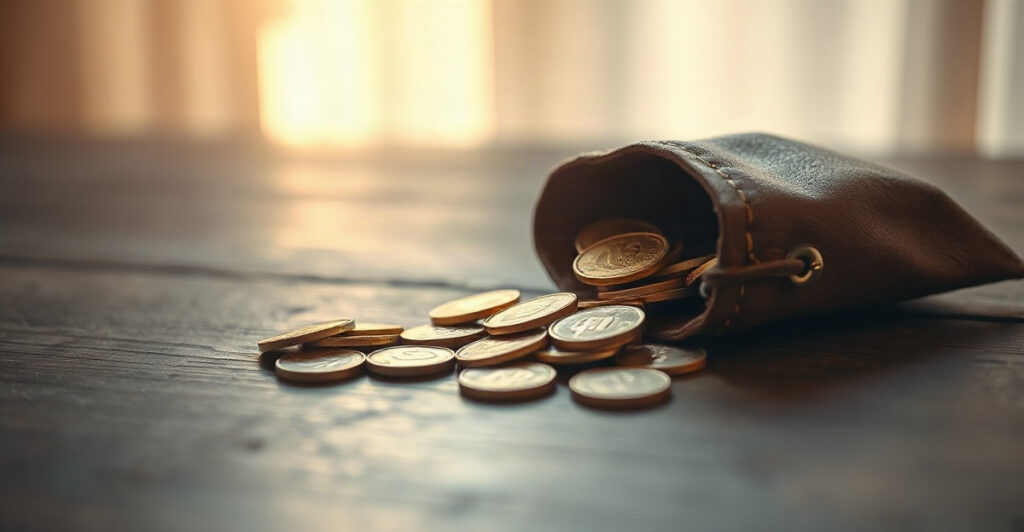 Golden coins from a pouch, a metaphor for dopamine as a currency that tracks success