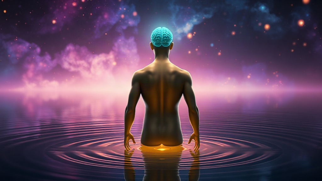 The Brain Reshapes Itself With Effort Translucent figure watching ripples from a pebble in a glowing lake, representing the brain reshaping itself with every new effort