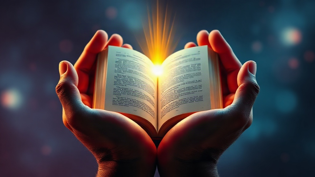 Hands holding a glowing open book of light, representing practice in reading people face to face
