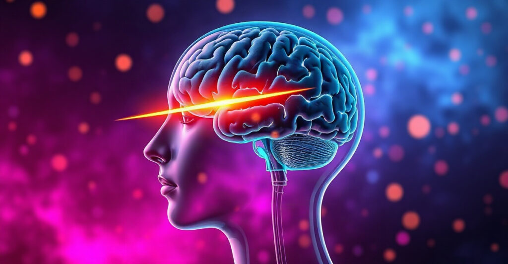 Glowing brain with a golden pen of light, showing how writing by hand helps you study and remember